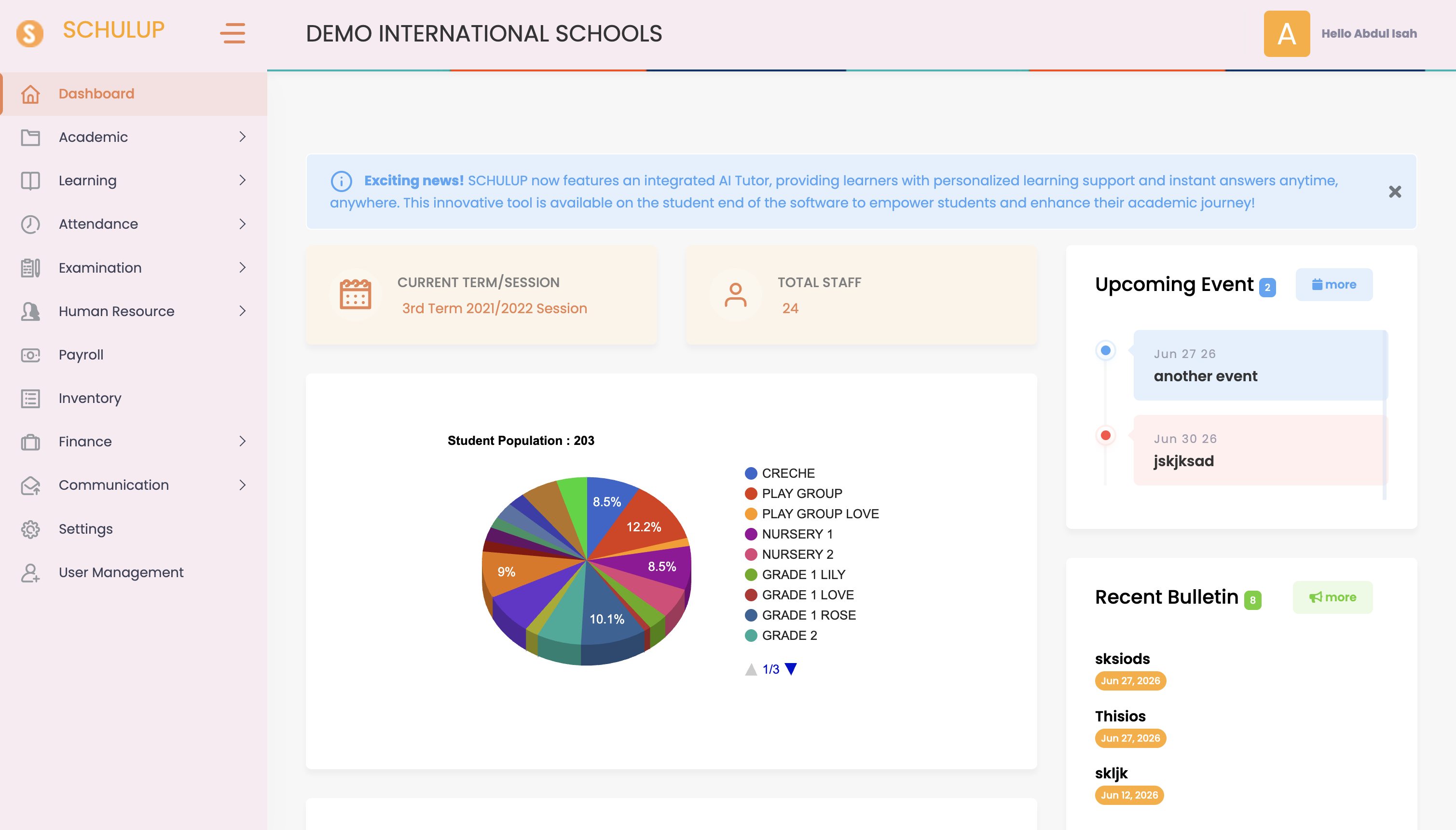 Schulup Dashboard screen