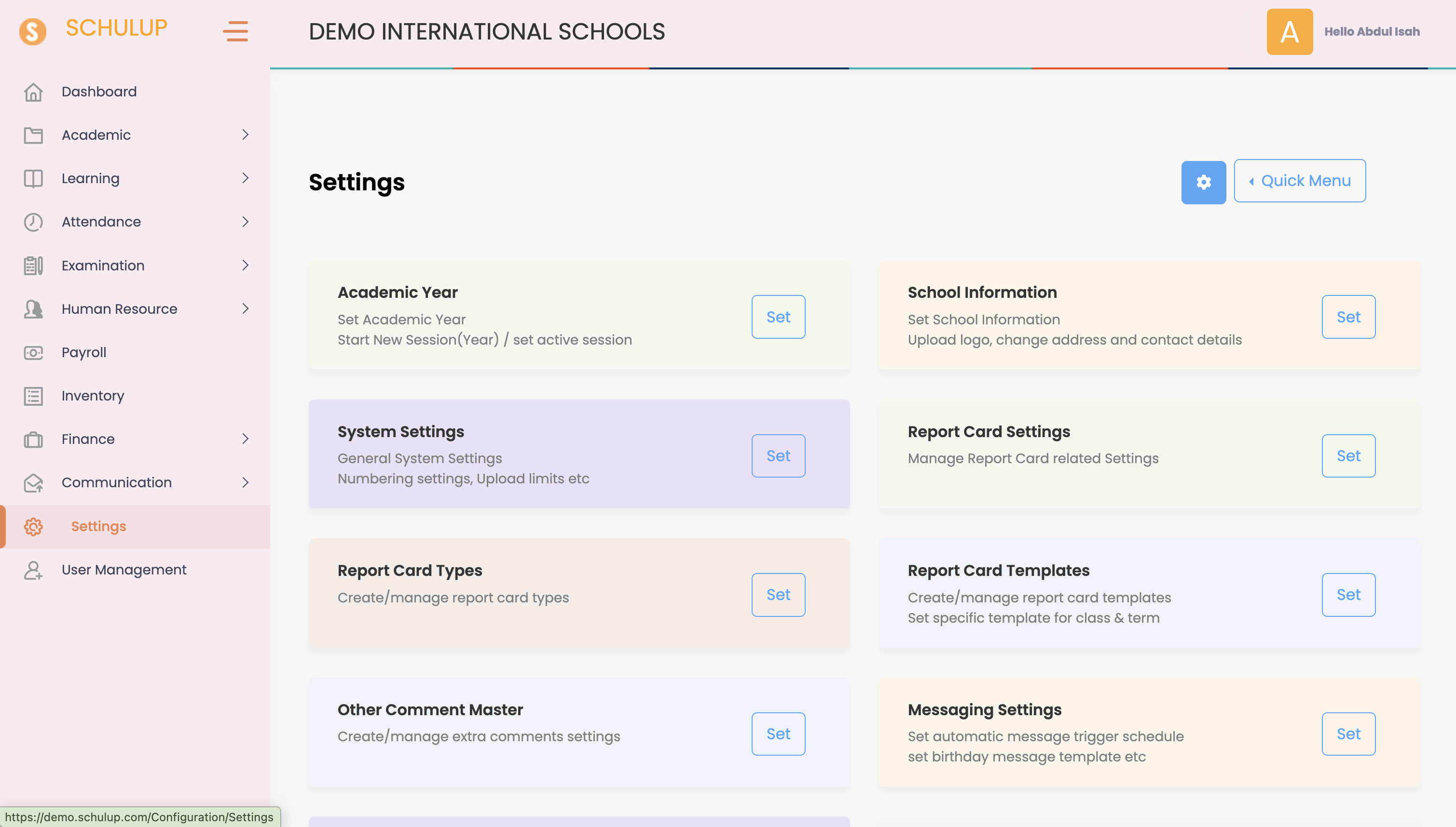 Schulup Settings screen