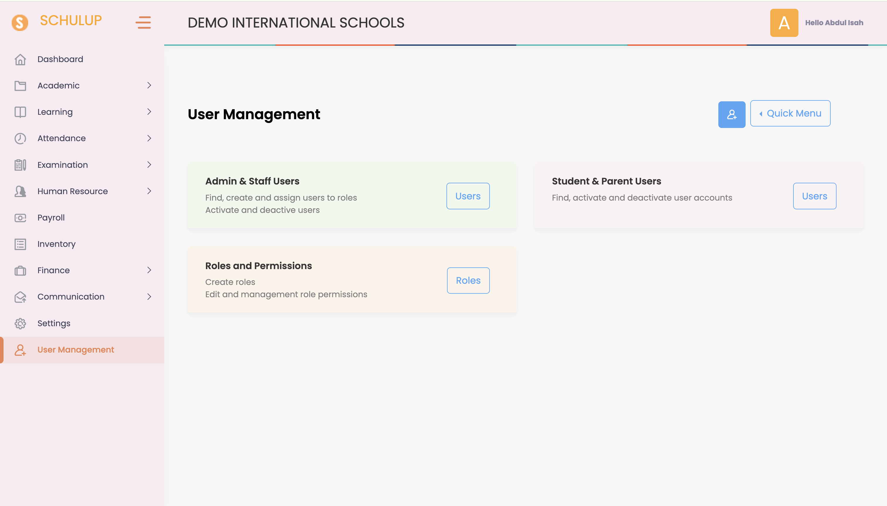 Schulup User Management screen